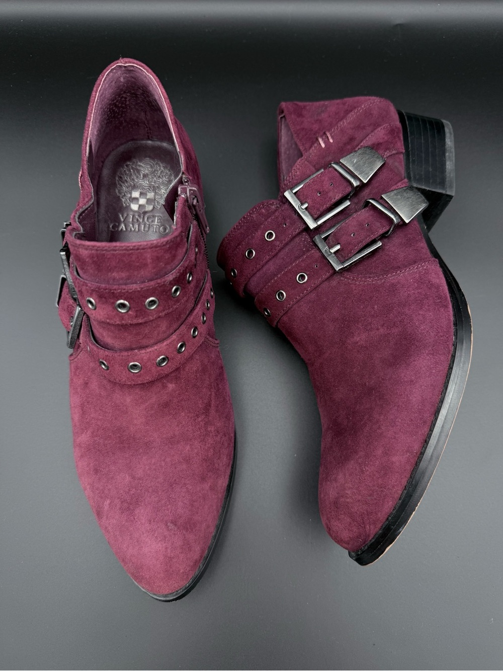 Vince Camuto Cosmika Burgundy Suede Double Buckle Loafer Bootie 8